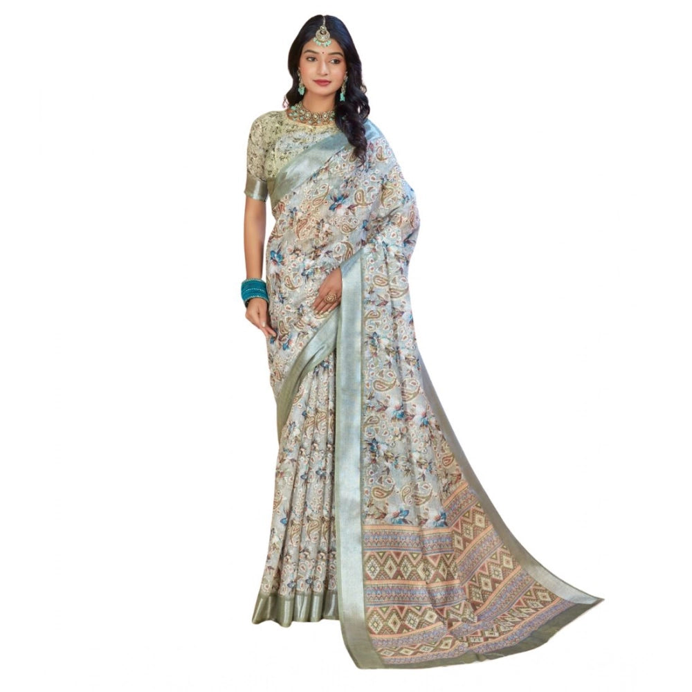 Generic Women's Printed Cotton Linen Saree withPrinted Saree With Unstitched Blouse (Mint Green, 5-6Mtrs)