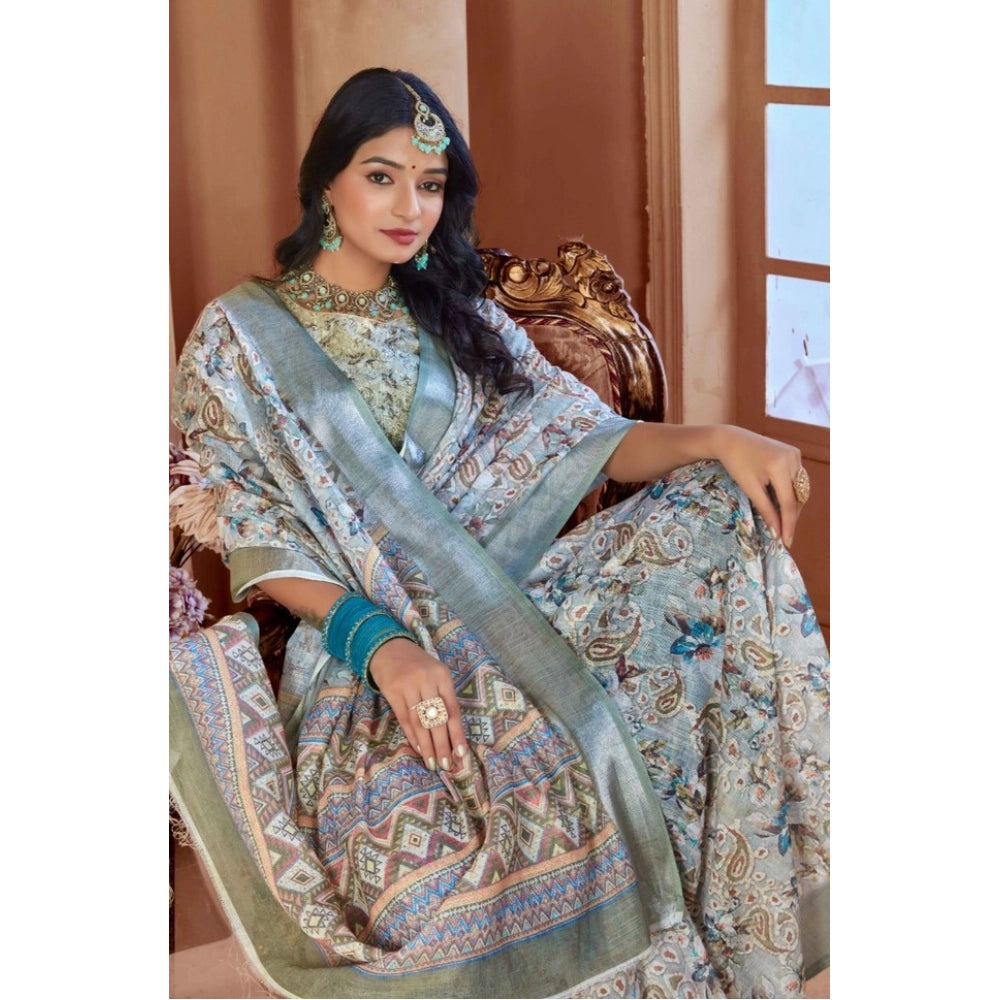 Generic Women's Printed Cotton Linen Saree withPrinted Saree With Unstitched Blouse (Mint Green, 5-6Mtrs)