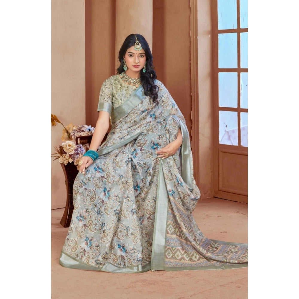 Generic Women's Printed Cotton Linen Saree withPrinted Saree With Unstitched Blouse (Mint Green, 5-6Mtrs)
