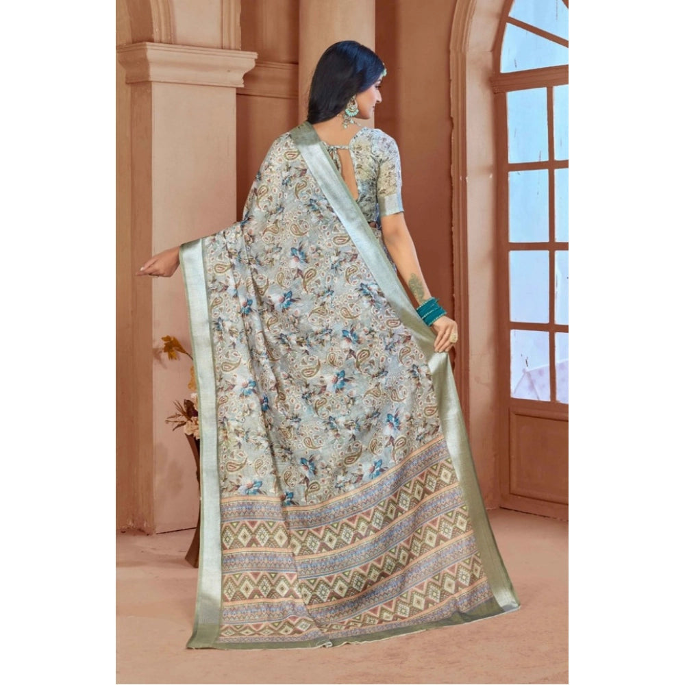 Generic Women's Printed Cotton Linen Saree withPrinted Saree With Unstitched Blouse (Mint Green, 5-6Mtrs)