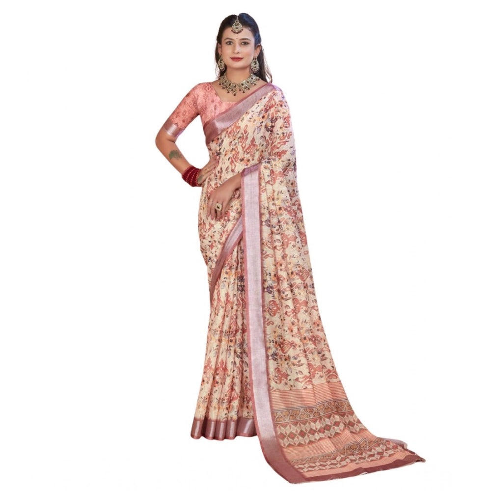 Generic Women's Printed Cotton Linen Saree withPrinted Saree With Unstitched Blouse (Beige, 5-6Mtrs)