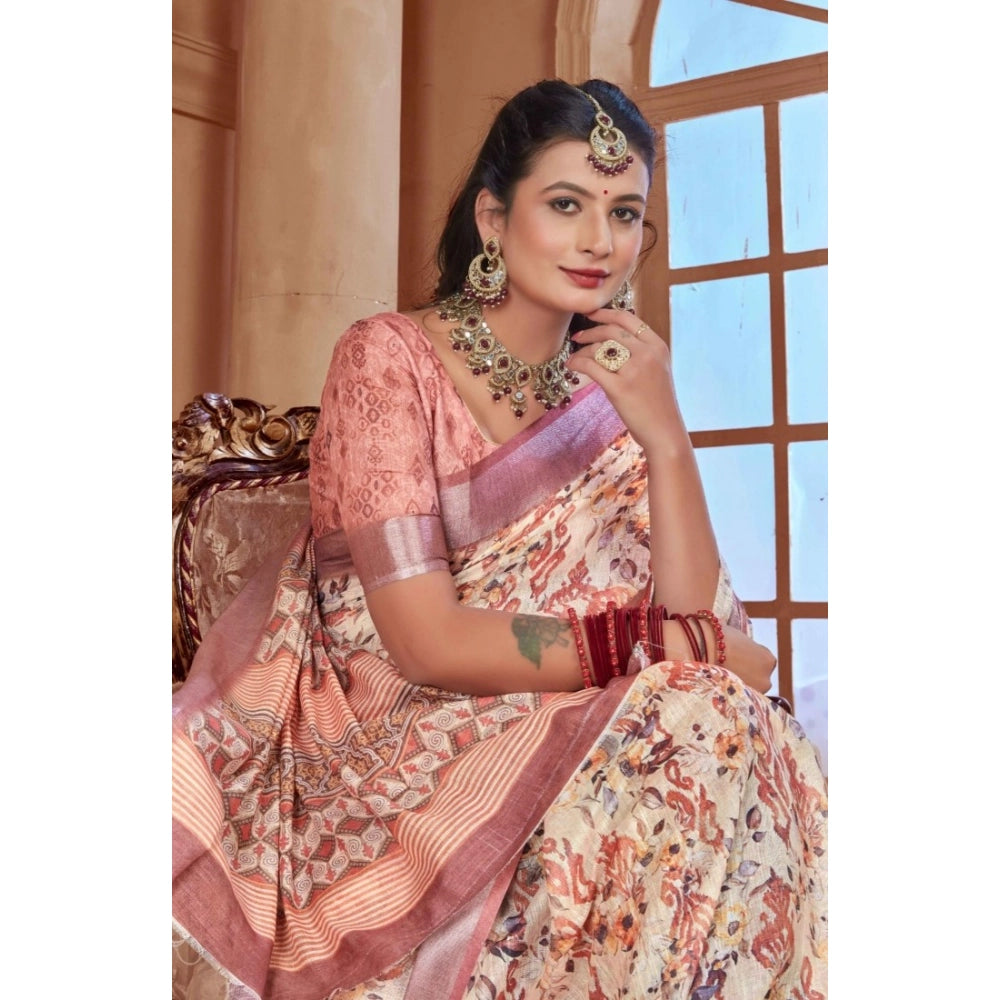 Generic Women's Printed Cotton Linen Saree withPrinted Saree With Unstitched Blouse (Beige, 5-6Mtrs)
