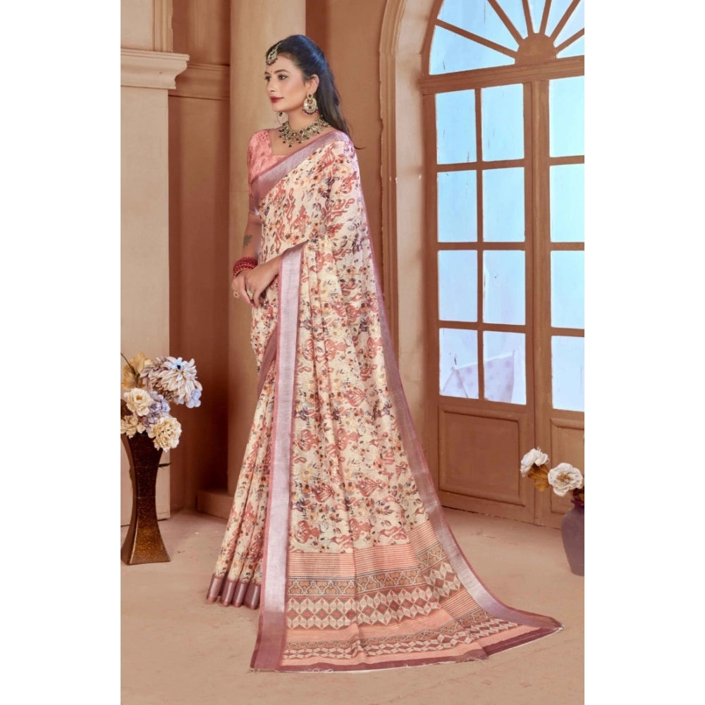 Generic Women's Printed Cotton Linen Saree withPrinted Saree With Unstitched Blouse (Beige, 5-6Mtrs)