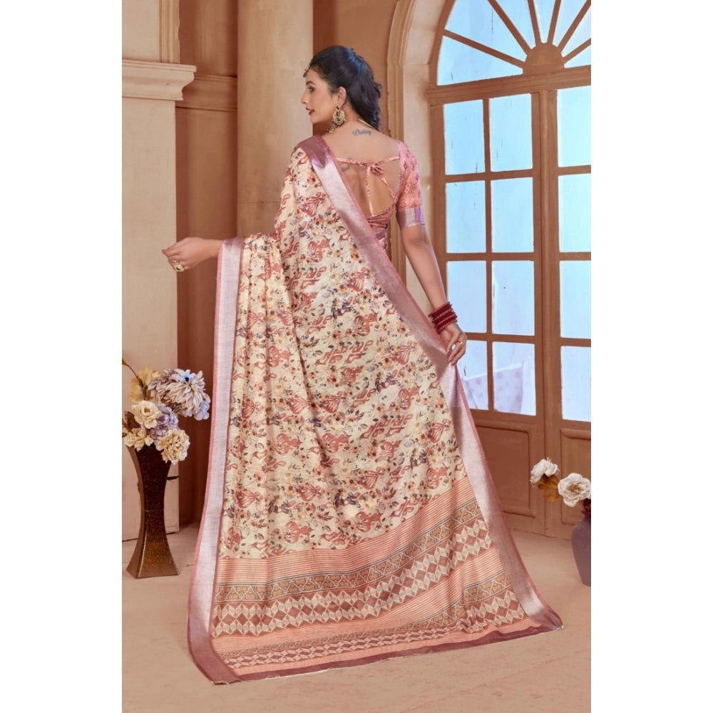 Generic Women's Printed Cotton Linen Saree withPrinted Saree With Unstitched Blouse (Beige, 5-6Mtrs)