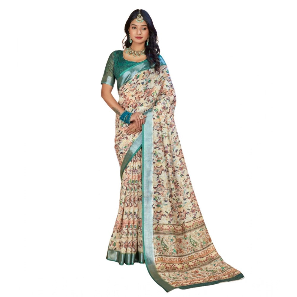 Generic Women's Printed Cotton Linen Saree withPrinted Saree With Unstitched Blouse (Green, 5-6Mtrs)