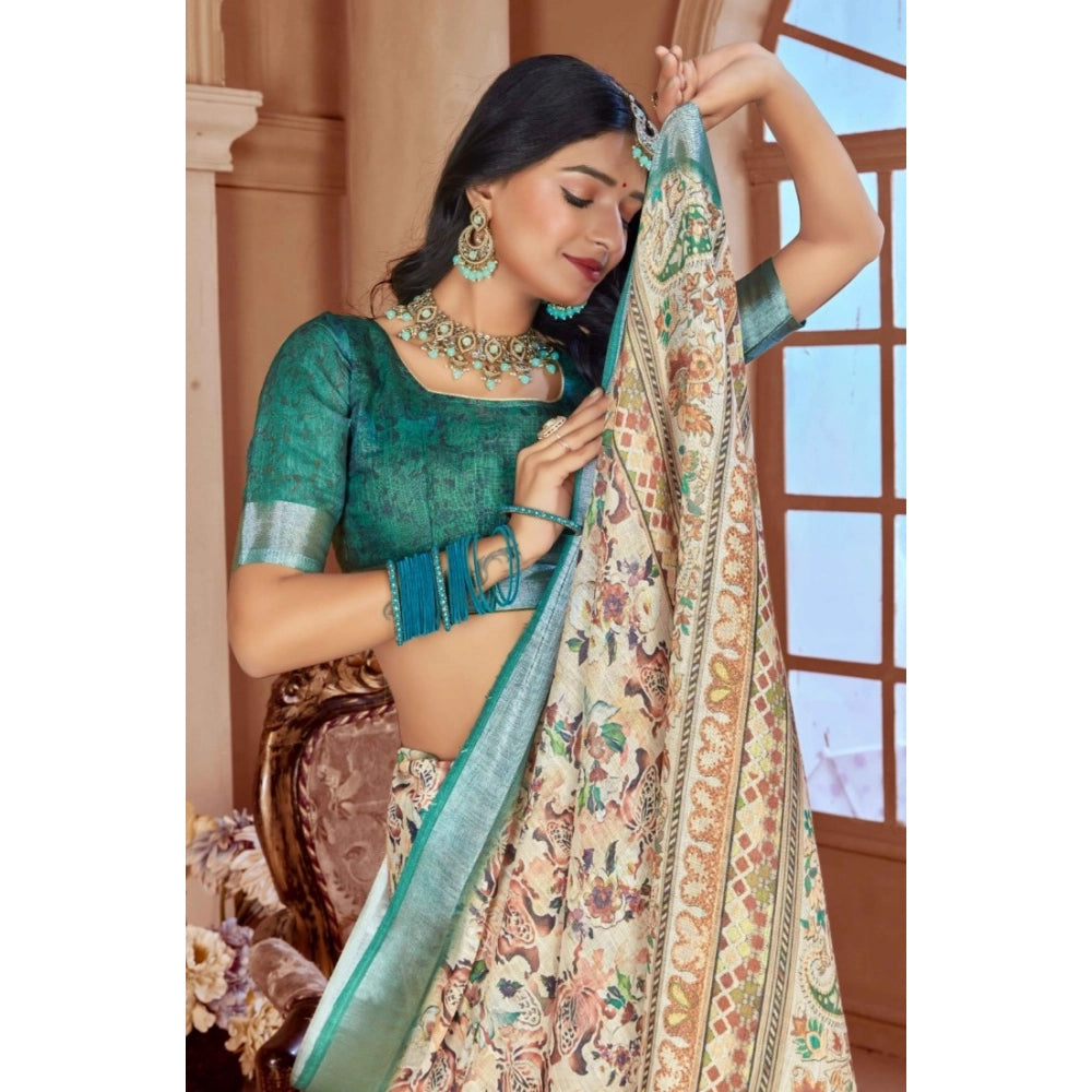 Generic Women's Printed Cotton Linen Saree withPrinted Saree With Unstitched Blouse (Green, 5-6Mtrs)