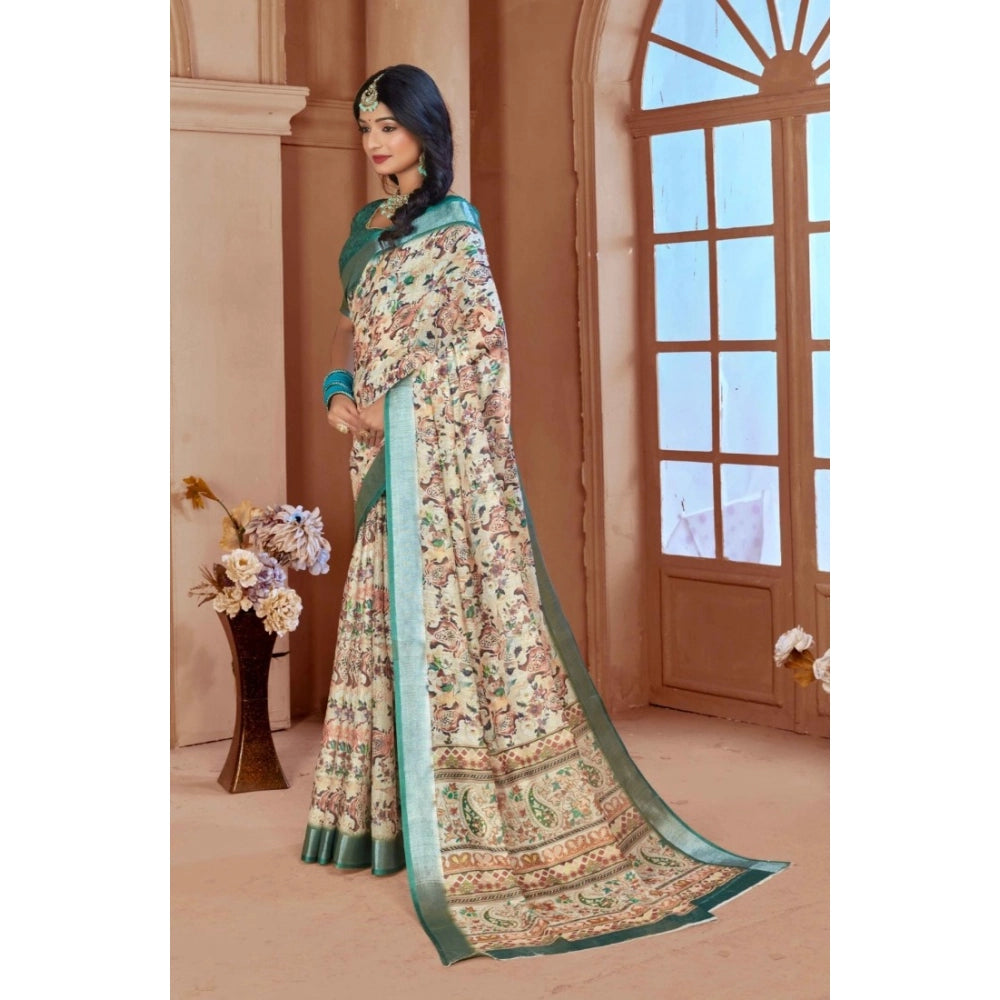 Generic Women's Printed Cotton Linen Saree withPrinted Saree With Unstitched Blouse (Green, 5-6Mtrs)