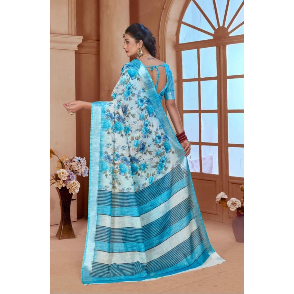 Generic Women's Printed Cotton Linen Saree withPrinted Saree With Unstitched Blouse (Blue, 5-6Mtrs)