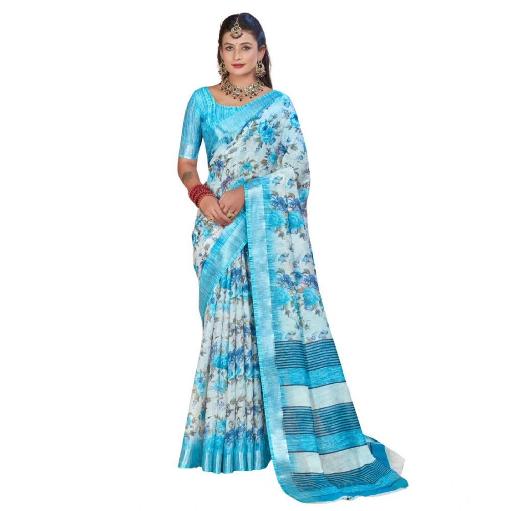 Generic Women's Printed Cotton Linen Saree withPrinted Saree With Unstitched Blouse (Blue, 5-6Mtrs)