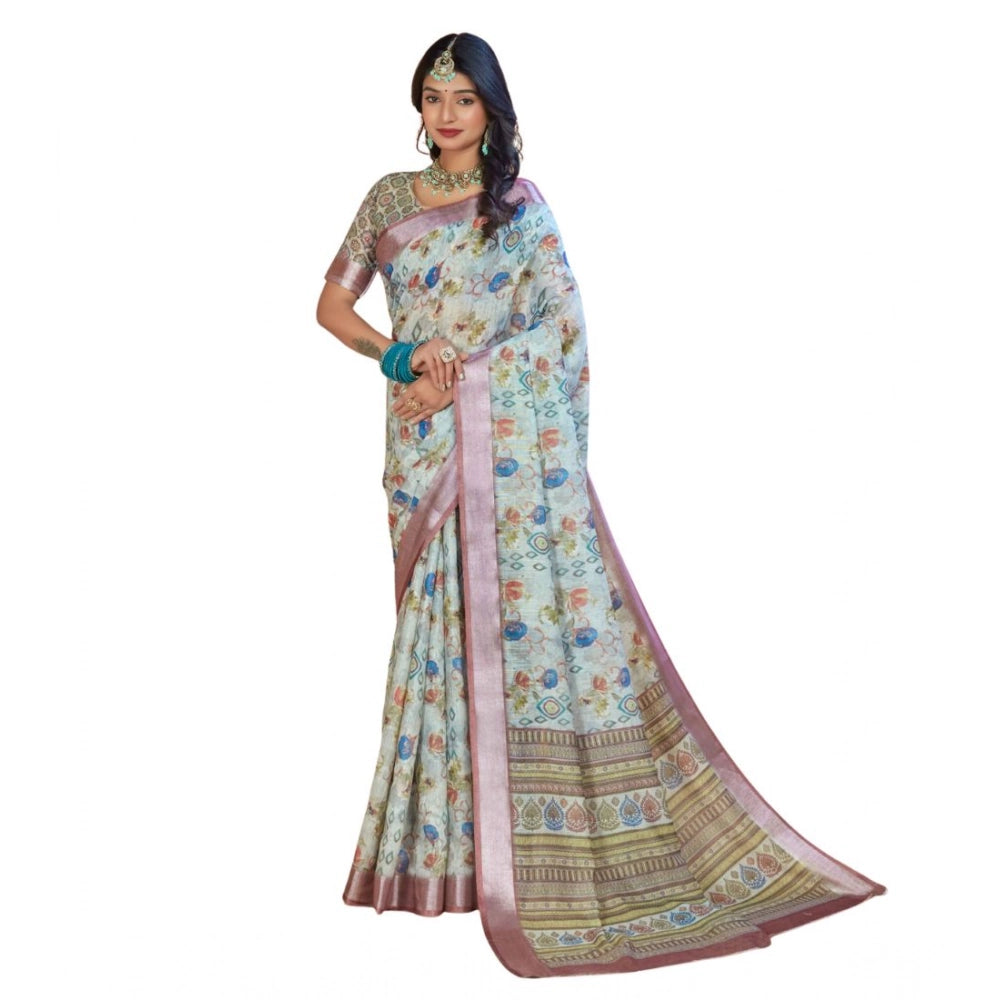 Generic Women's Printed Cotton Linen Saree withPrinted Saree With Unstitched Blouse (Rust , 5-6Mtrs)