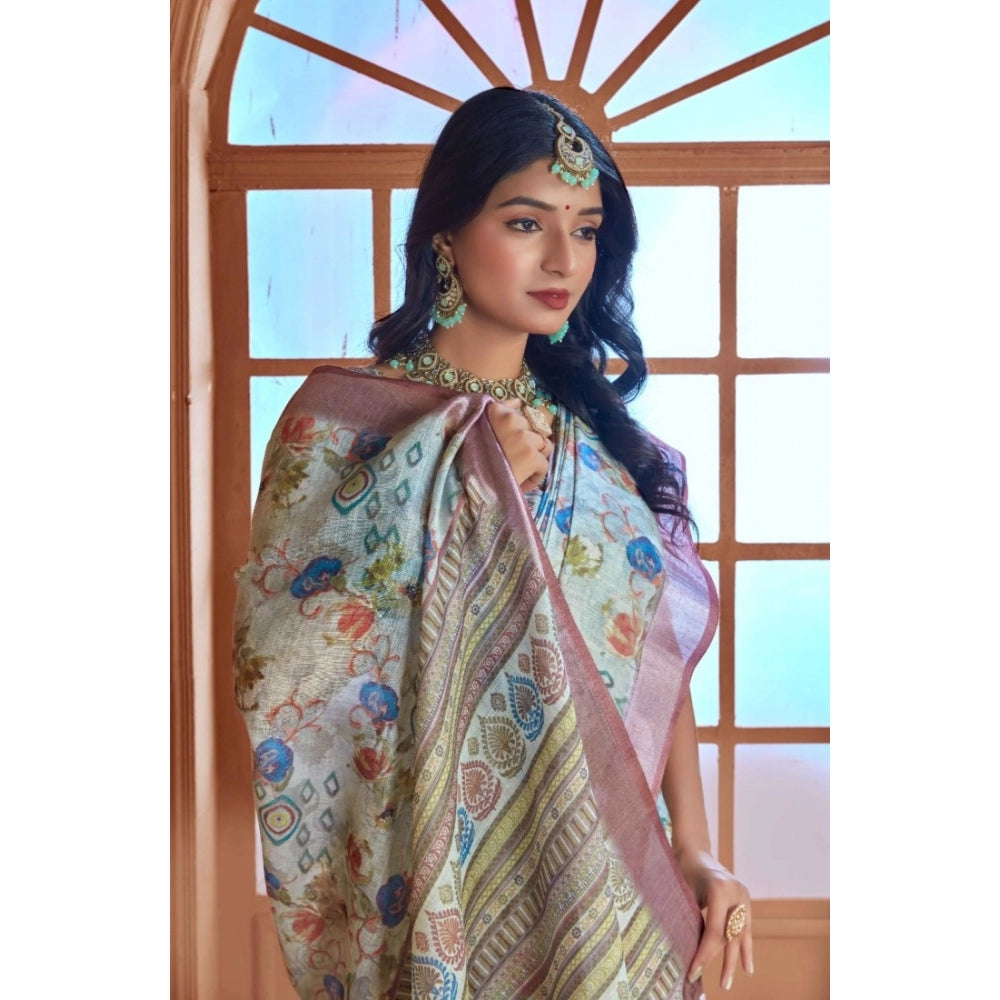 Generic Women's Printed Cotton Linen Saree withPrinted Saree With Unstitched Blouse (Rust , 5-6Mtrs)