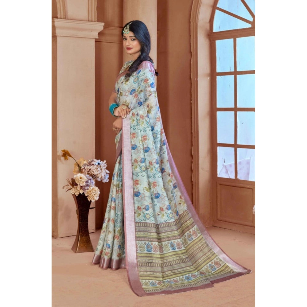Generic Women's Printed Cotton Linen Saree withPrinted Saree With Unstitched Blouse (Rust , 5-6Mtrs)