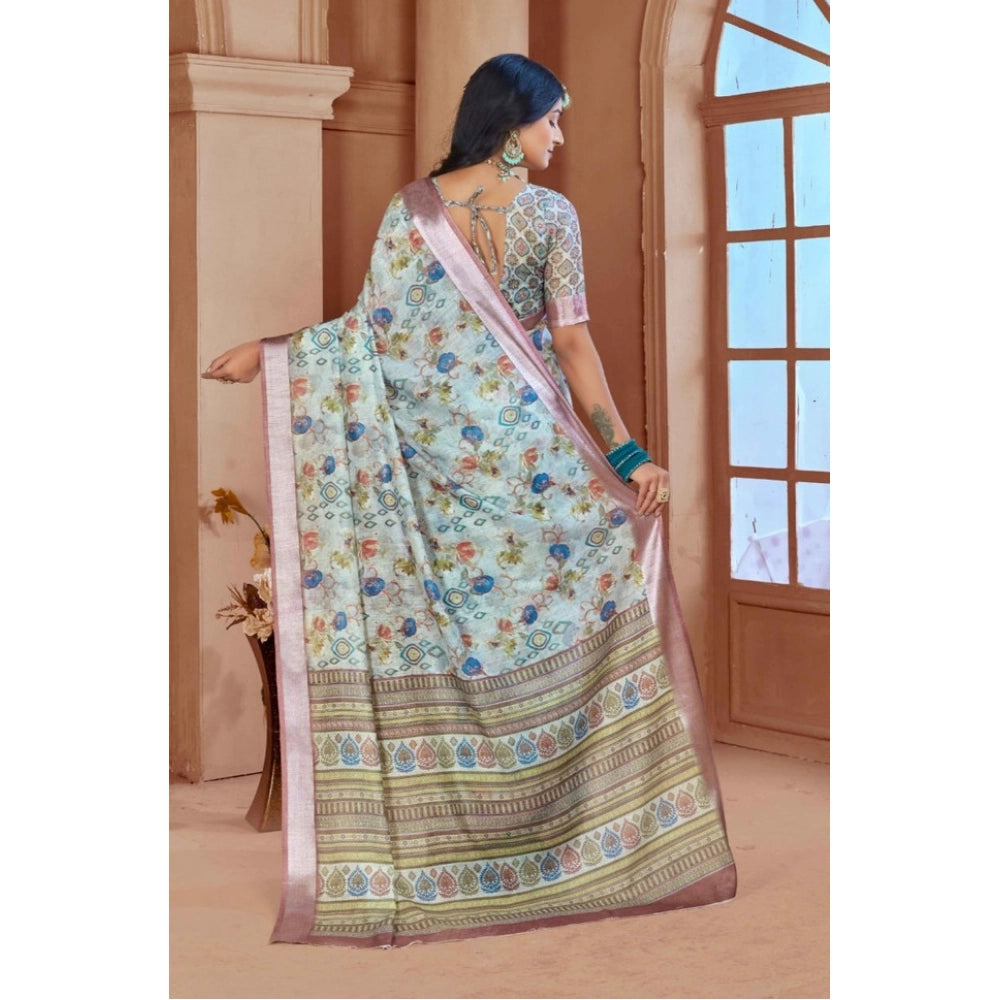 Generic Women's Printed Cotton Linen Saree withPrinted Saree With Unstitched Blouse (Rust , 5-6Mtrs)