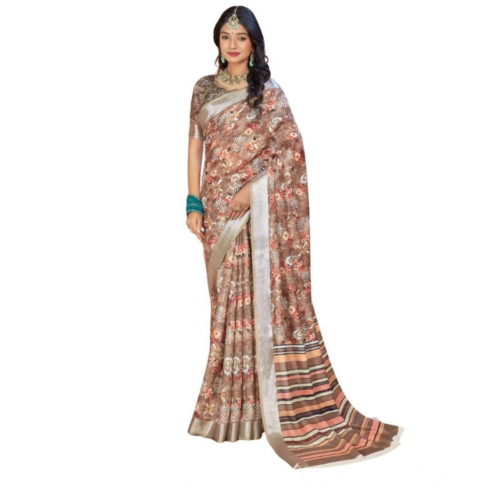 Generic Women's Printed Cotton Linen Saree withPrinted Saree With Unstitched Blouse (Brown , 5-6Mtrs)