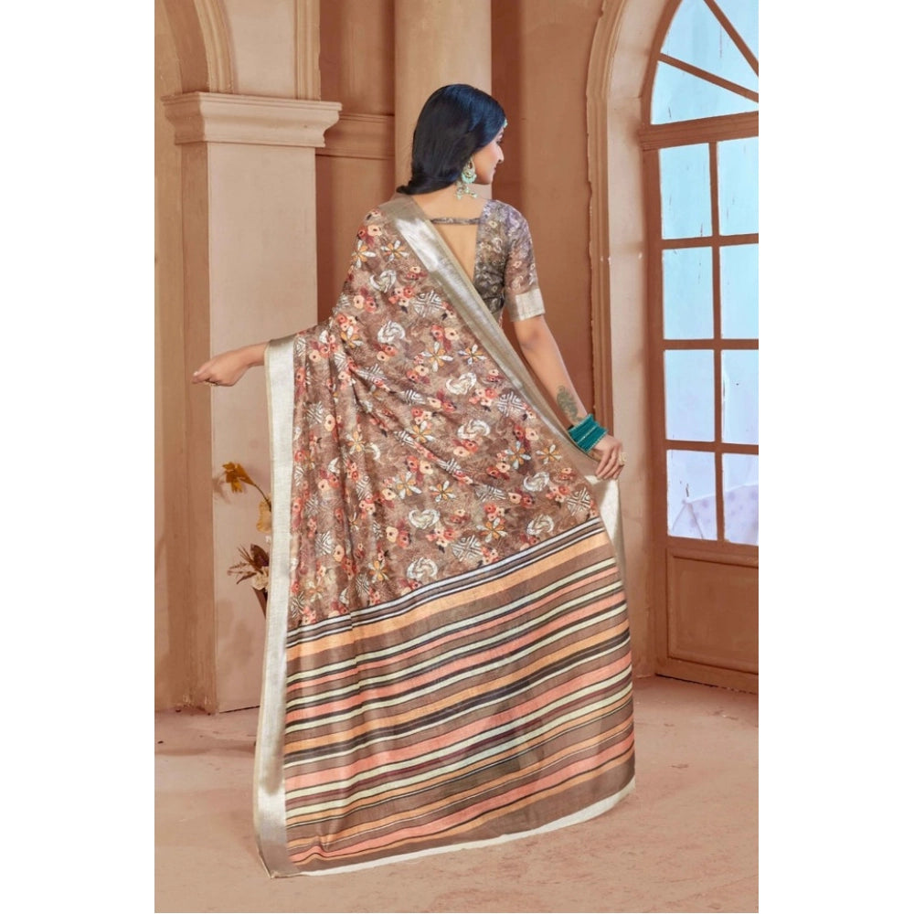 Generic Women's Printed Cotton Linen Saree withPrinted Saree With Unstitched Blouse (Brown , 5-6Mtrs)