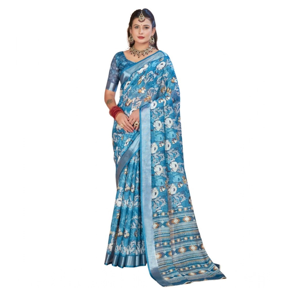 Generic Women's Printed Cotton Linen Saree withPrinted Saree With Unstitched Blouse (Blue, 5-6Mtrs)
