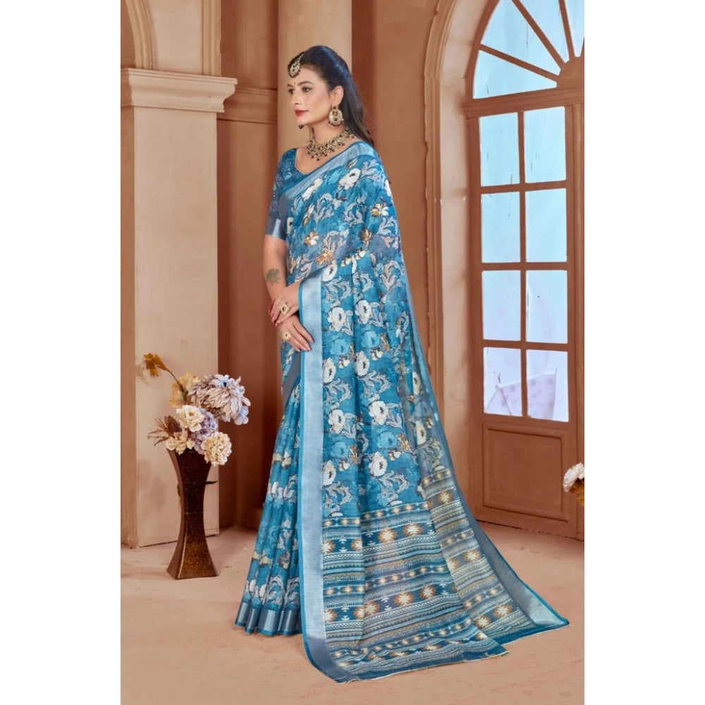 Generic Women's Printed Cotton Linen Saree withPrinted Saree With Unstitched Blouse (Blue, 5-6Mtrs)
