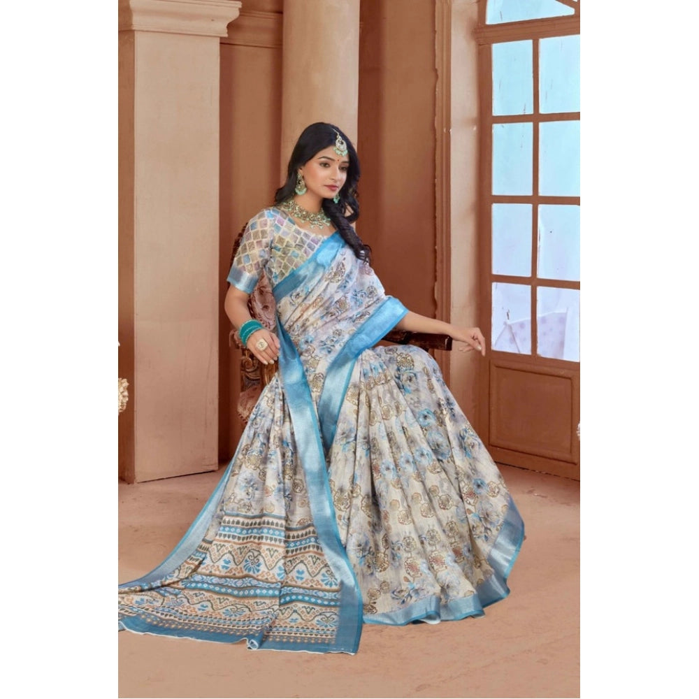 Generic Women's Printed Cotton Linen Saree withPrinted Saree With Unstitched Blouse (Beige , 5-6Mtrs)