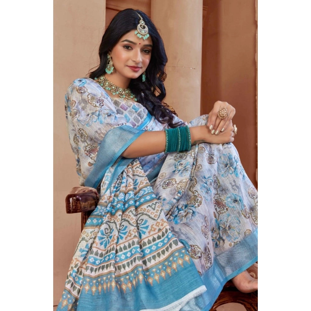 Generic Women's Printed Cotton Linen Saree withPrinted Saree With Unstitched Blouse (Beige , 5-6Mtrs)