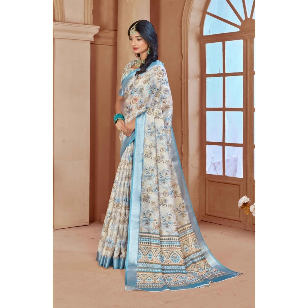 Generic Women's Printed Cotton Linen Saree withPrinted Saree With Unstitched Blouse (Beige , 5-6Mtrs)
