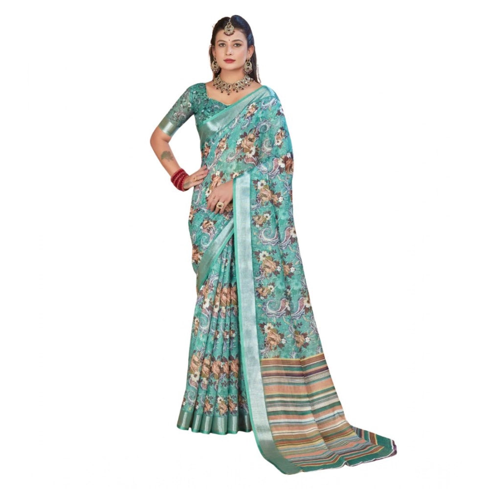 Generic Women's Printed Cotton Linen Saree withPrinted Saree With Unstitched Blouse (Mint Green, 5-6Mtrs)