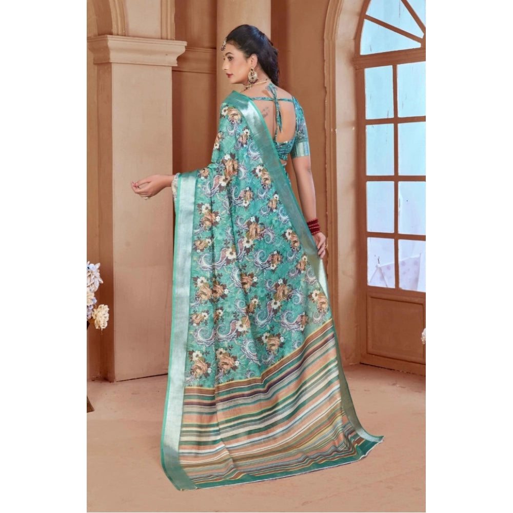 Generic Women's Printed Cotton Linen Saree withPrinted Saree With Unstitched Blouse (Mint Green, 5-6Mtrs)