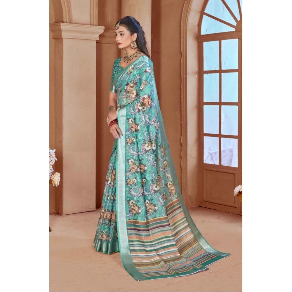 Generic Women's Printed Cotton Linen Saree withPrinted Saree With Unstitched Blouse (Mint Green, 5-6Mtrs)