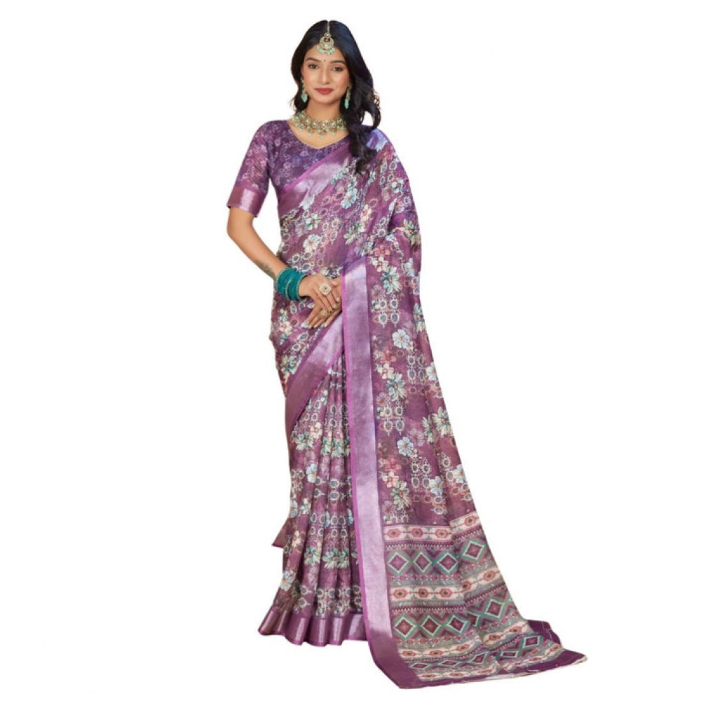 Generic Women's Printed Cotton Linen Saree withPrinted Saree With Unstitched Blouse (Purple, 5-6Mtrs)