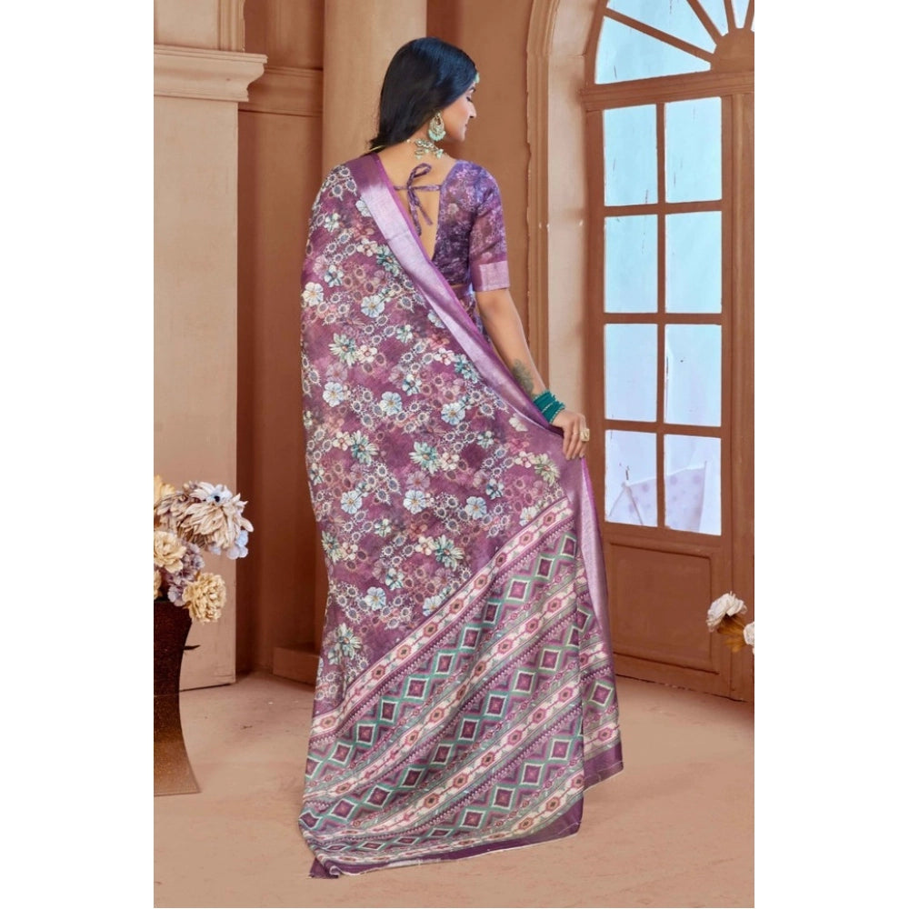 Generic Women's Printed Cotton Linen Saree withPrinted Saree With Unstitched Blouse (Purple, 5-6Mtrs)