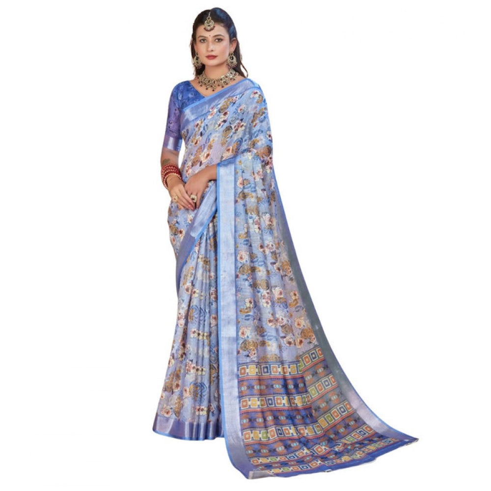 Generic Women's Printed Cotton Linen Saree withPrinted Saree With Unstitched Blouse (Blue, 5-6Mtrs)