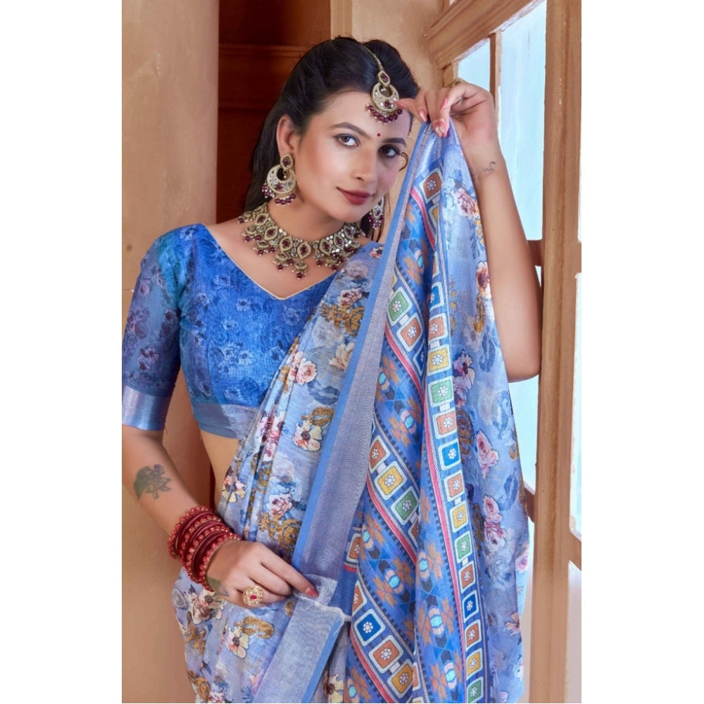 Generic Women's Printed Cotton Linen Saree withPrinted Saree With Unstitched Blouse (Blue, 5-6Mtrs)