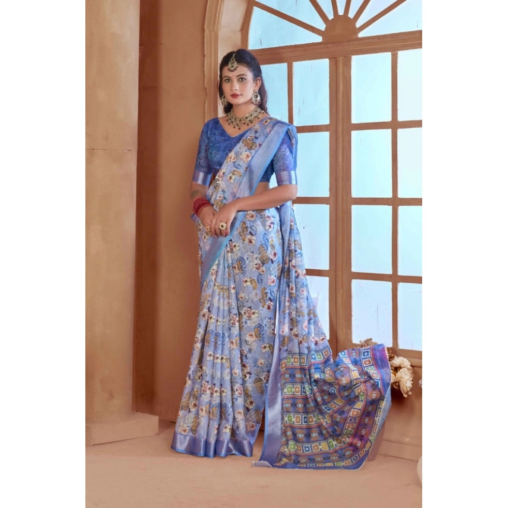 Generic Women's Printed Cotton Linen Saree withPrinted Saree With Unstitched Blouse (Blue, 5-6Mtrs)