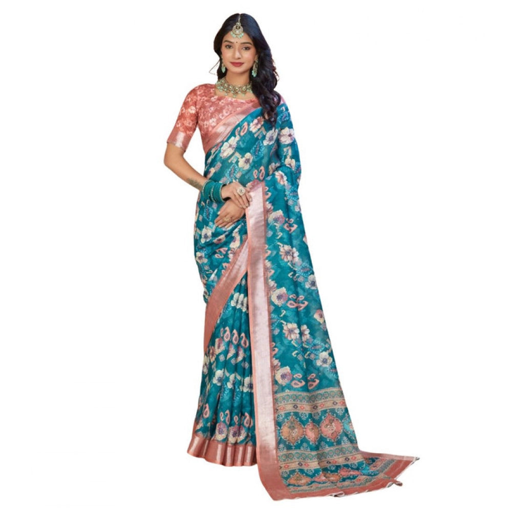 Generic Women's Printed Cotton Linen Saree withPrinted Saree With Unstitched Blouse (Peacook Green, 5-6Mtrs)