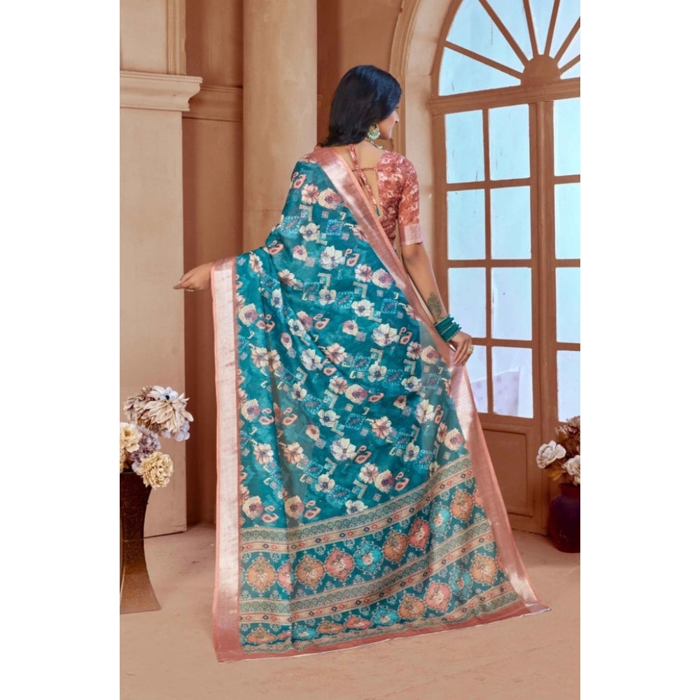 Generic Women's Printed Cotton Linen Saree withPrinted Saree With Unstitched Blouse (Peacook Green, 5-6Mtrs)