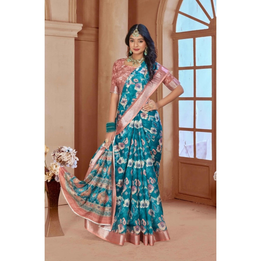 Generic Women's Printed Cotton Linen Saree withPrinted Saree With Unstitched Blouse (Peacook Green, 5-6Mtrs)