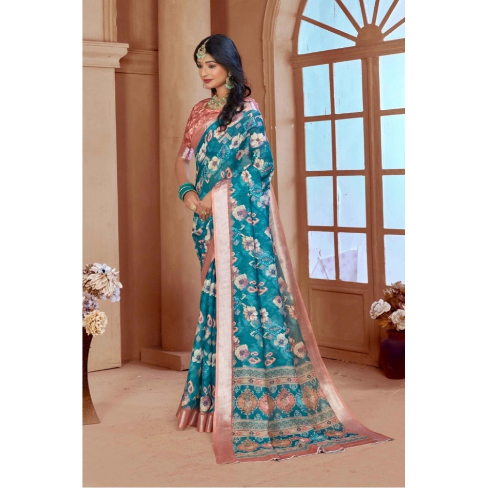 Generic Women's Printed Cotton Linen Saree withPrinted Saree With Unstitched Blouse (Peacook Green, 5-6Mtrs)