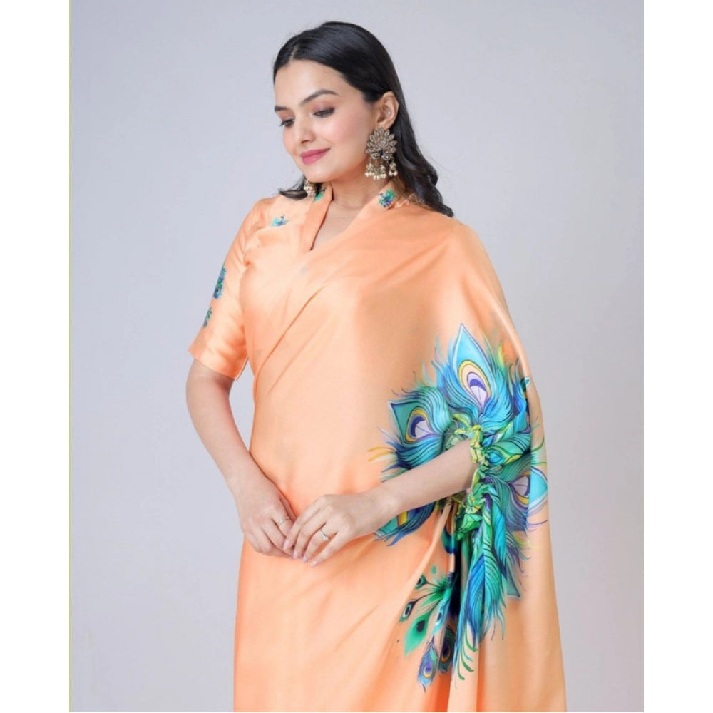 Generic Women's Soft Crepe Silk Printed Ready To Wear Saree With Unstitched Blouse 5.5Mtr (Orange)
