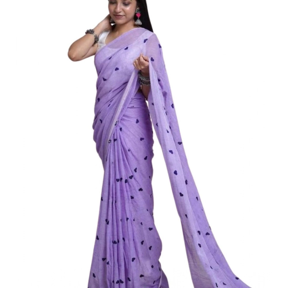 Generic Women's Linen Printed Saree With Unstitched Blouse 5.5Mtr (Purple)