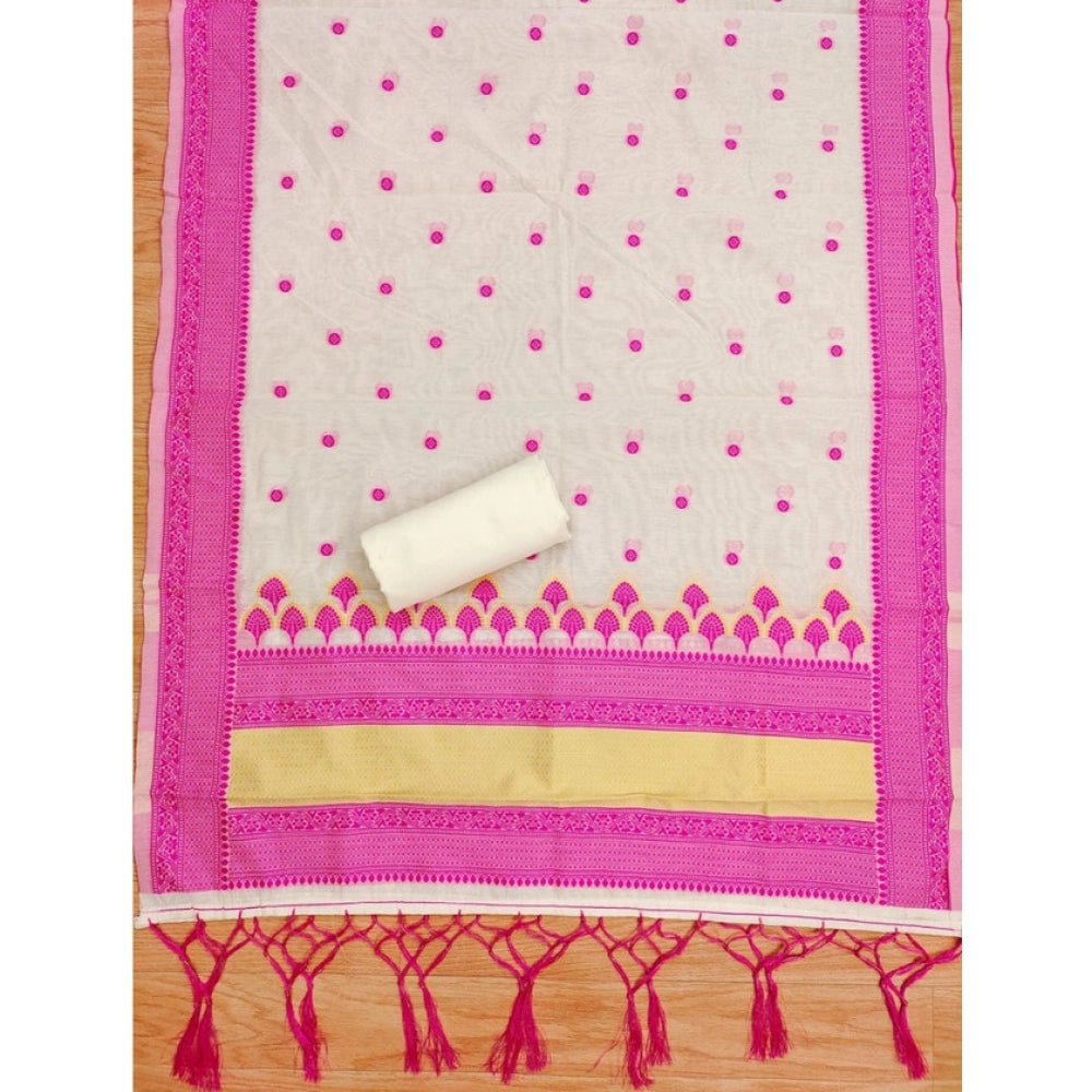 Generic Women's Banarasi Silk Printed Unstitched Salwar Suit Material With Dupatta (Pink, 3Mtrs)