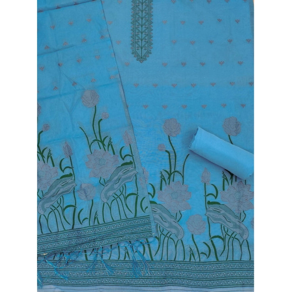 Generic Women's Banarasi Silk Printed Unstitched Salwar Suit Material With Dupatta (SkyBlue, 3Mtrs)