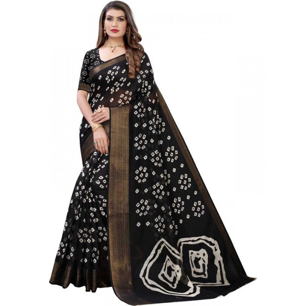 Generic Women's Cotton Silk Bandhni Saree With Unstitched Blouse 5.5Mtr (Black)