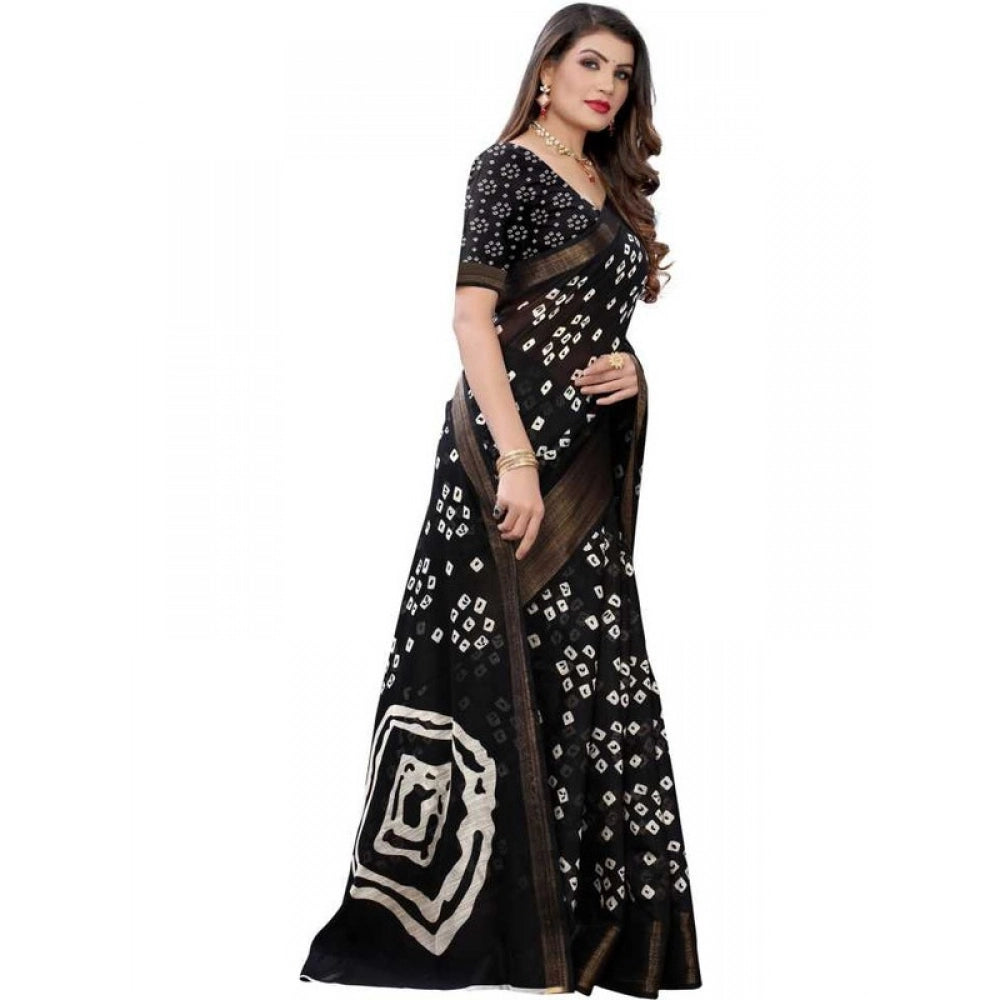 Generic Women's Cotton Silk Bandhni Saree With Unstitched Blouse 5.5Mtr (Black)