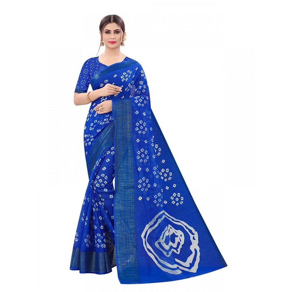 Generic Women's Cotton Silk Bandhni Saree With Unstitched Blouse 5.5Mtr (Royal Blue)