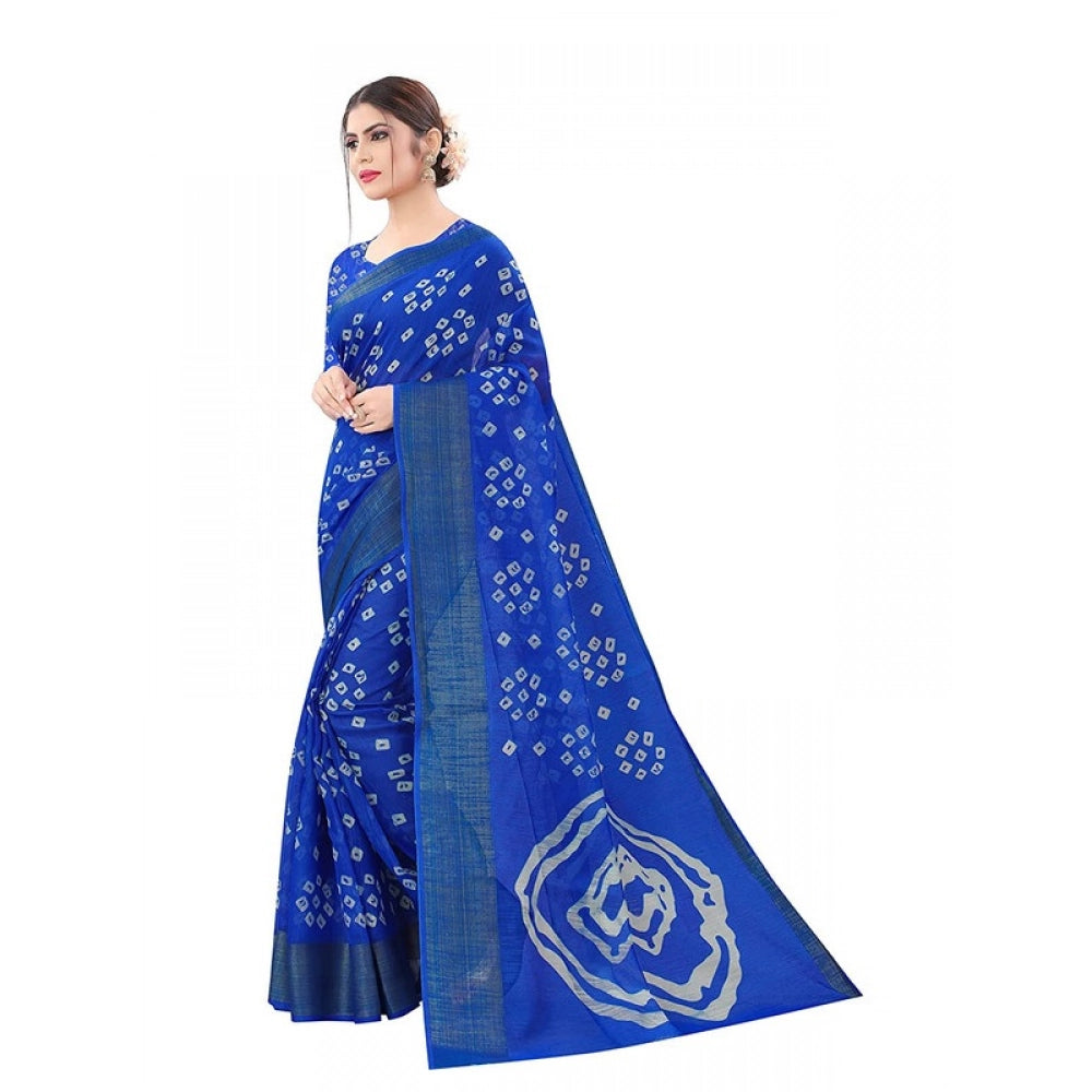Generic Women's Cotton Silk Bandhni Saree With Unstitched Blouse 5.5Mtr (Royal Blue)
