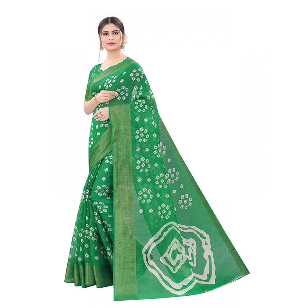 Generic Women's Cotton Silk Bandhni Saree With Unstitched Blouse 5.5Mtr (Light Green)