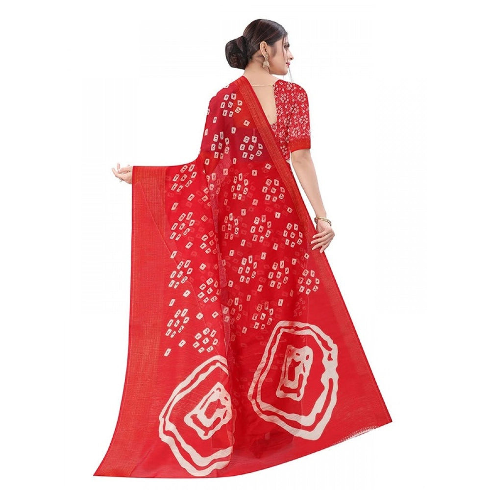 Generic Women's Cotton Silk Bandhni Saree With Unstitched Blouse 5.5Mtr (Red)