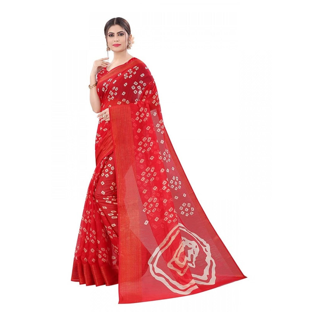 Generic Women's Cotton Silk Bandhni Saree With Unstitched Blouse 5.5Mtr (Red)