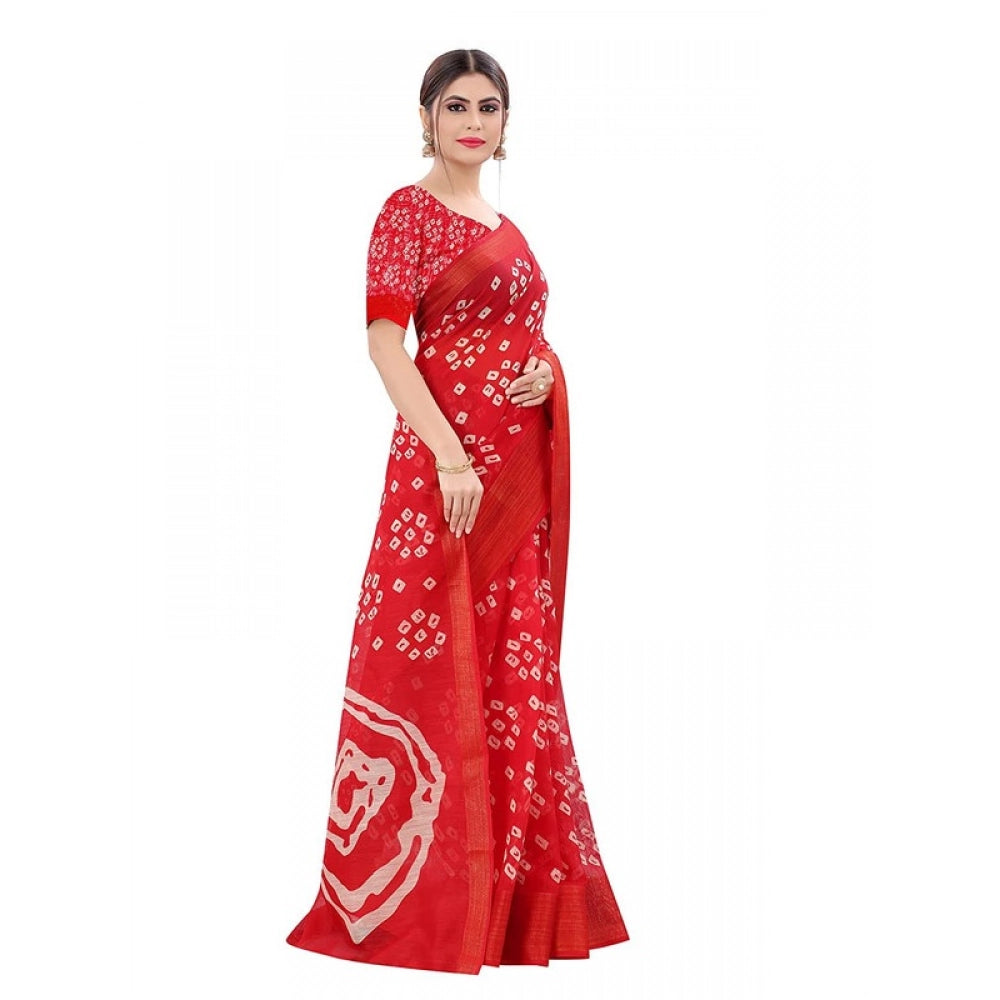 Generic Women's Cotton Silk Bandhni Saree With Unstitched Blouse 5.5Mtr (Red)