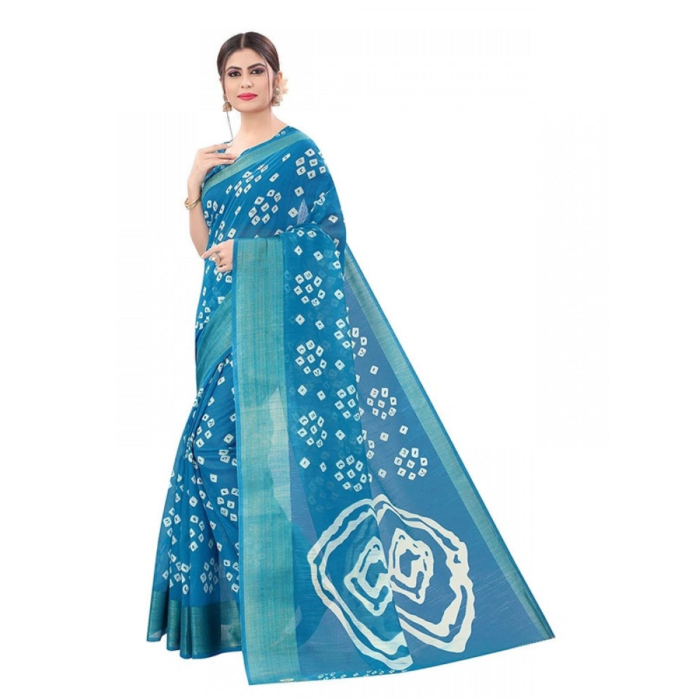 Generic Women's Cotton Silk Bandhni Saree With Unstitched Blouse 5.5Mtr (Sky Blue)