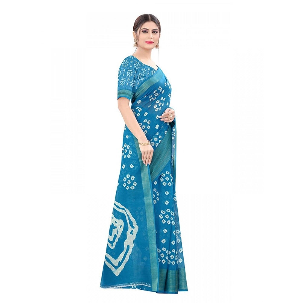 Generic Women's Cotton Silk Bandhni Saree With Unstitched Blouse 5.5Mtr (Sky Blue)